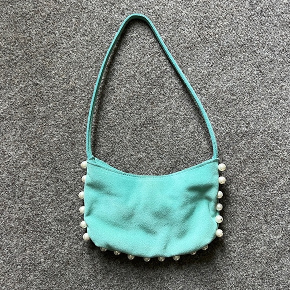 Hype Suede Mini Purse Shoulder Hand Bag Teal Blue Pearl Accents Magnetic Closure - Picture 1 of 11